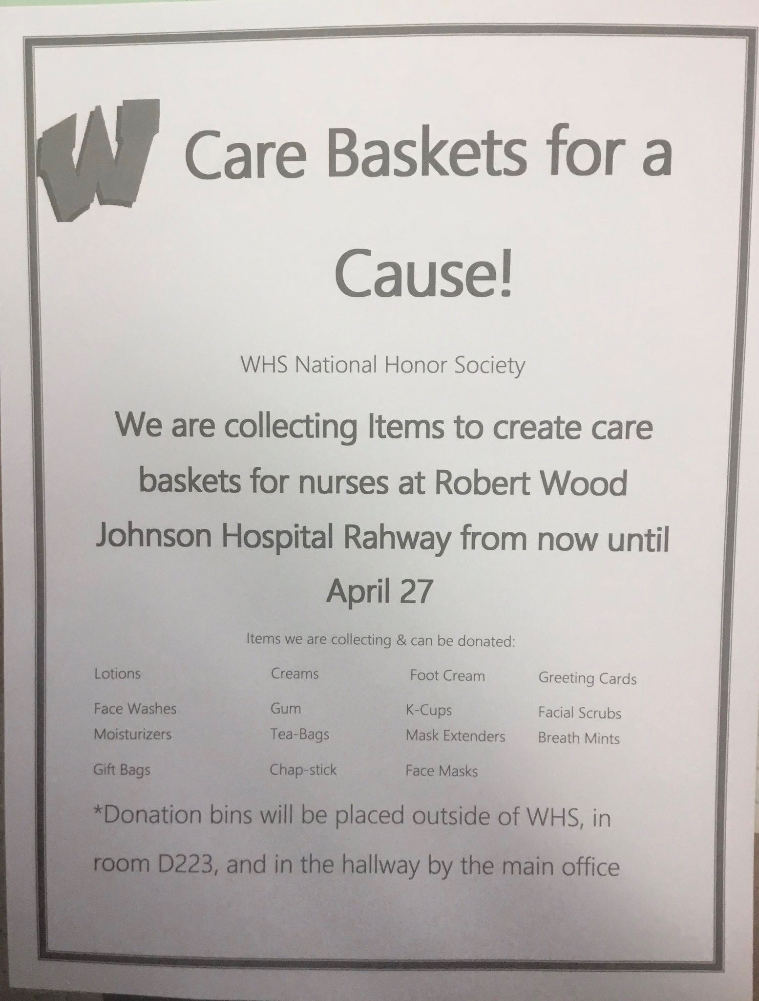 Care Baskets for a Cause - WHS National Honor Society