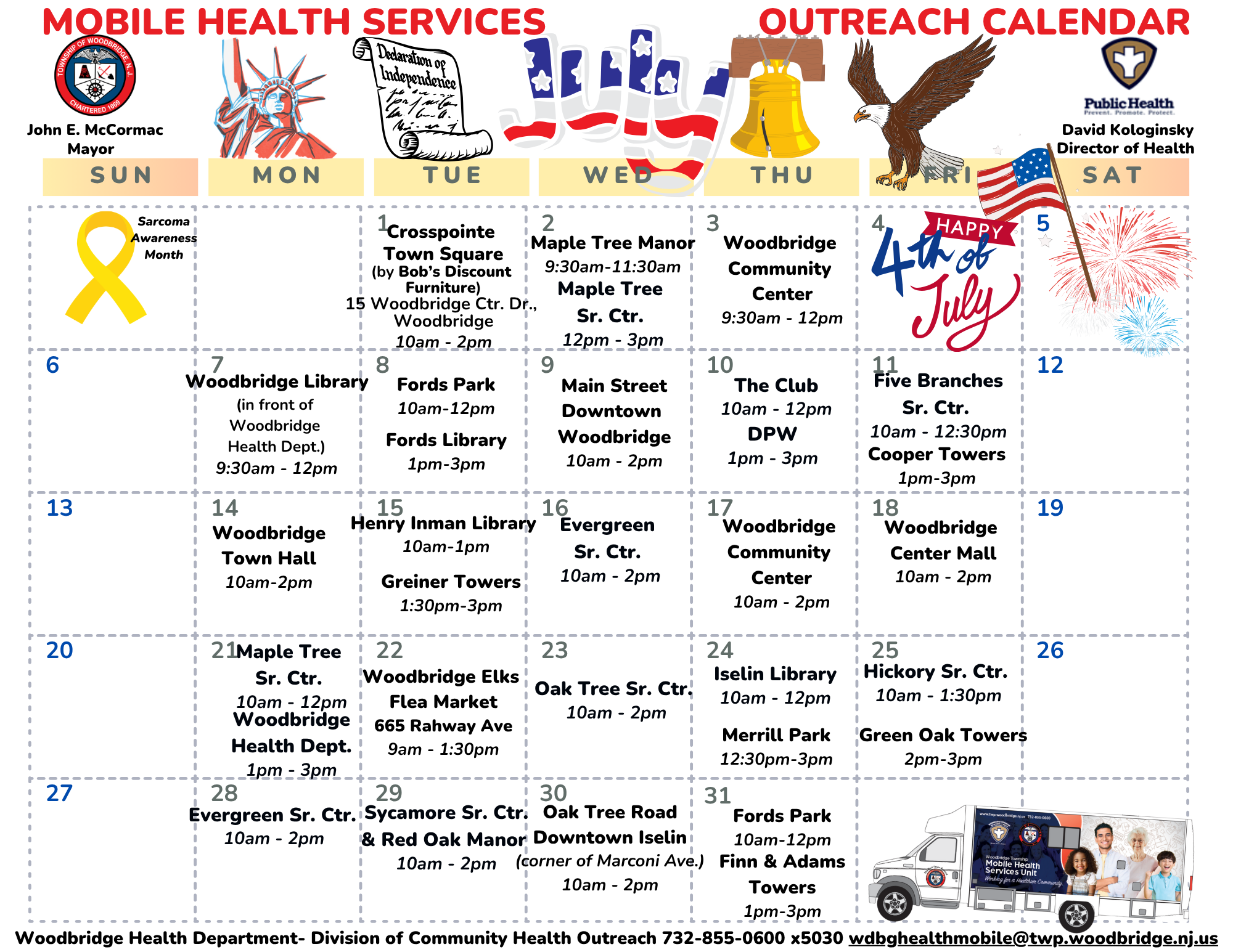 Community Outreach - Moblile Health Calendar - July 2025